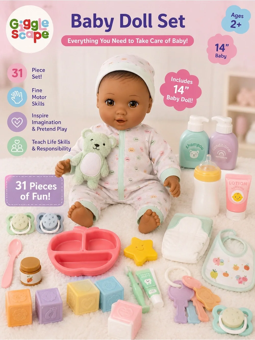 Pink Baby Doll Set with 31-Piece Accessories